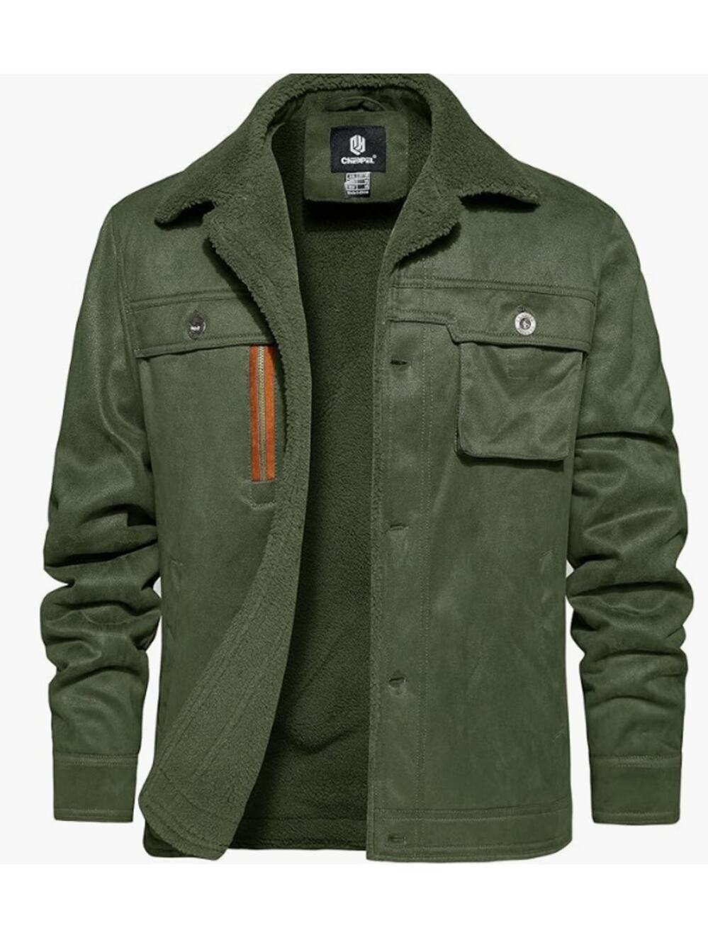 Mens Army Green Sherpa Lined Jacket Thick Lapel Cotton with 5 Pockets EXTRALARGE